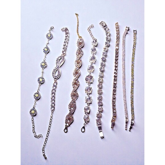 Lot of 8 Rhinestone Sparkle Bracelets – Silver Tone, Unmarked, Glam Jewelry - Picture 1 of 8